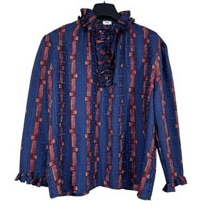 NWOT Warm by Tracy Feith 100% Silk Blouse Womens S Navy Blue Ruffle Luxury Top